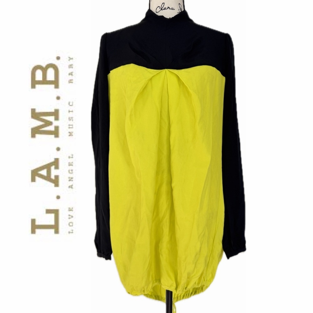 L.A.M.B.‎ Tunic Blouse Black/Neon Yellow Mock Neck Y2K 2000’s Rare Biker Rocker